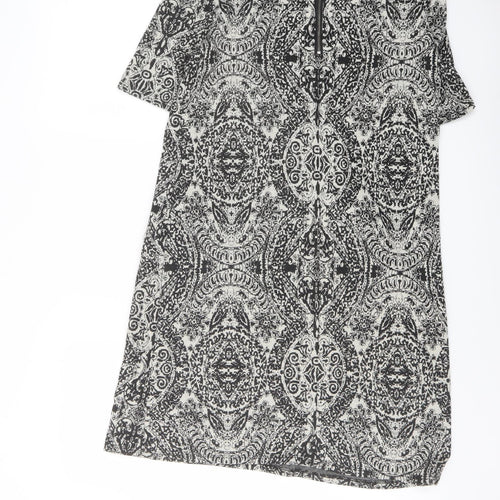 Wallis Womens Black Geometric Polyester Shift Size 12 Boat Neck Zip