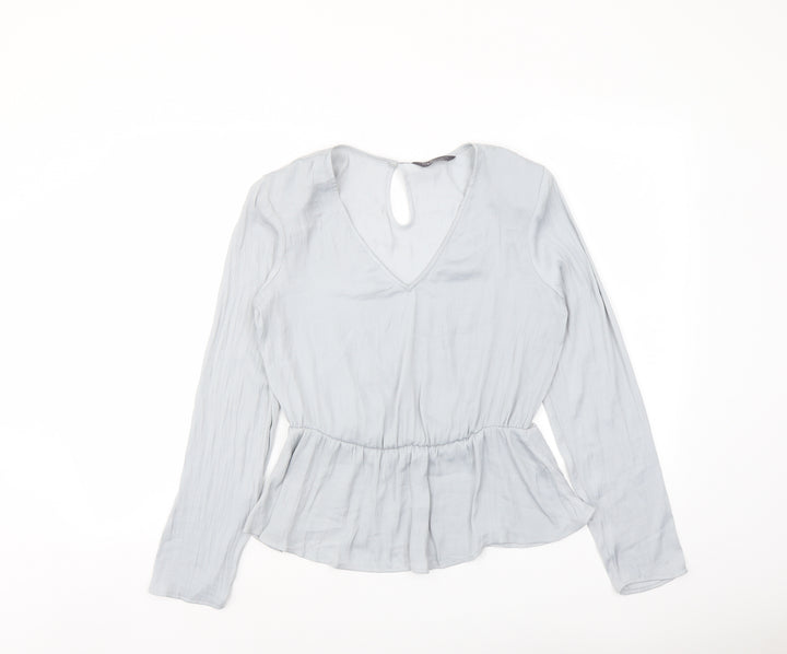 Marks and Spencer Womens Grey Polyester Basic Blouse Size 8 V-Neck - Peplum