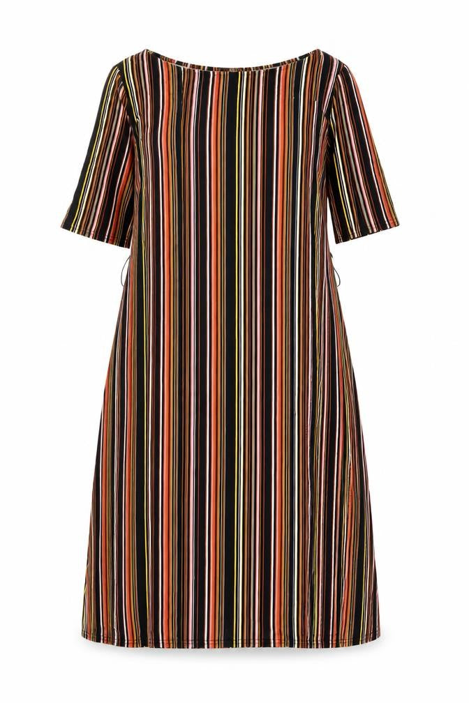 Front view of Warehouse women’s multicoloured striped viscose shift, size UK 12, boat neck pullover
