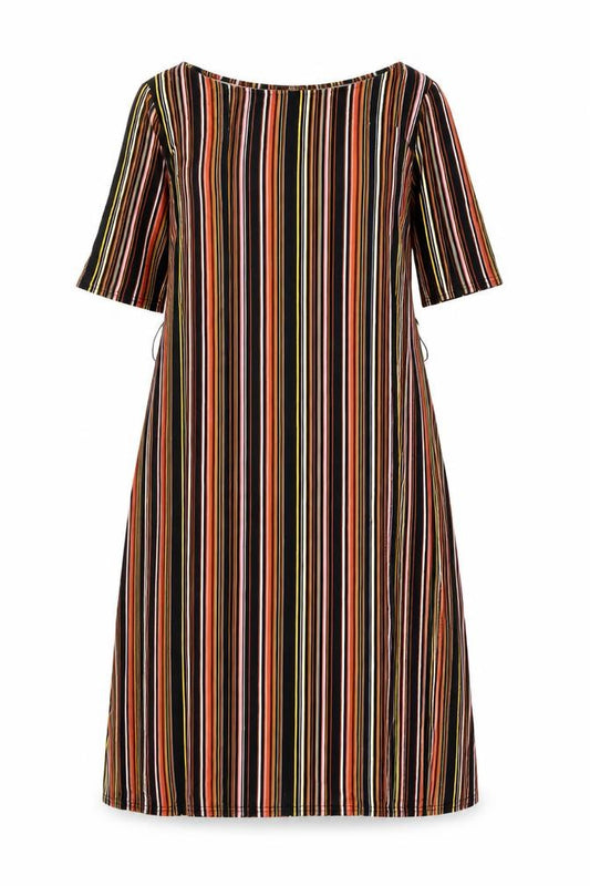 Front view of Warehouse women’s multicoloured striped viscose shift, size UK 12, boat neck pullover