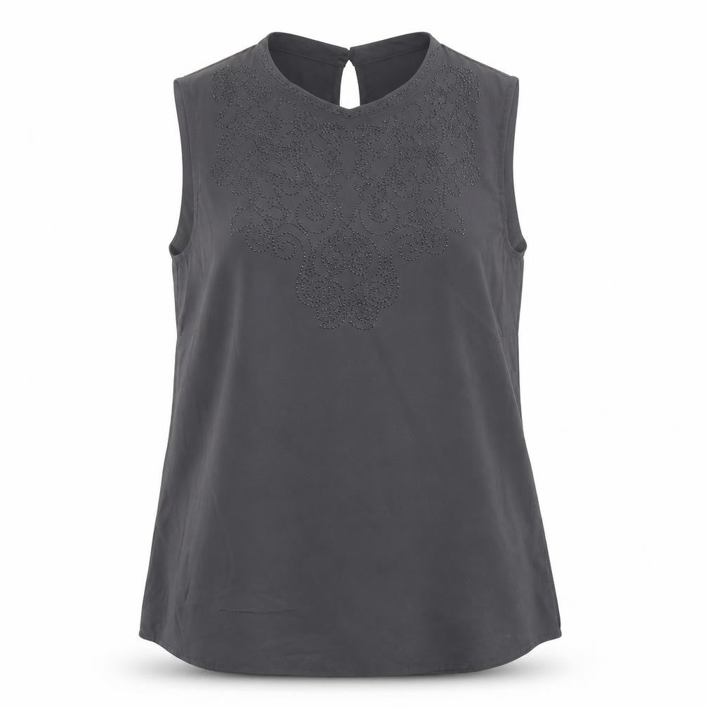 Front view of H&M women’s grey polyester basic tank, size UK 8, round neck