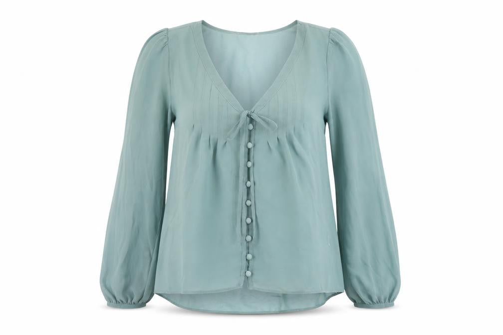 Front view of Pins & Needles women’s green polyester basic blouse, size S, v-neck