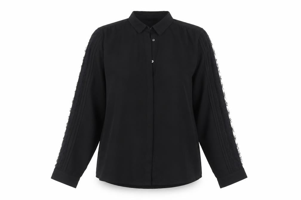 Front view of Axara women’s black polyester basic button-up, size M, collared