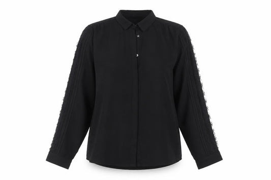 Front view of Axara women’s black polyester basic button-up, size M, collared