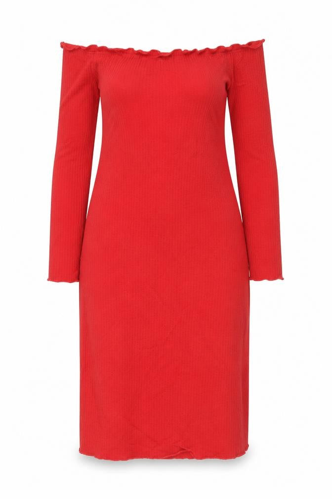 Front view of Bershka women’s red polyester bodycon, size M, off the shoulder pullover