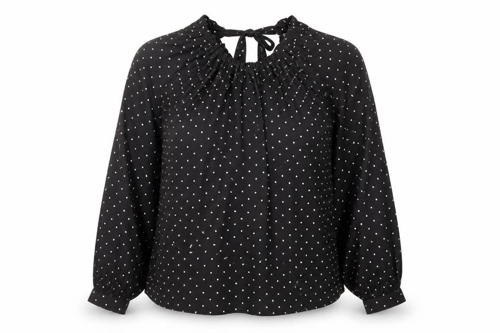 Front view of Marks & Spencer women’s black geometric polyester basic blouse, size UK 12, round neck