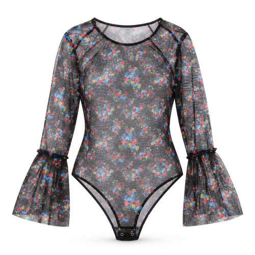 QED London Womens Black Floral Polyester Bodysuit One-Piece Size M Snap