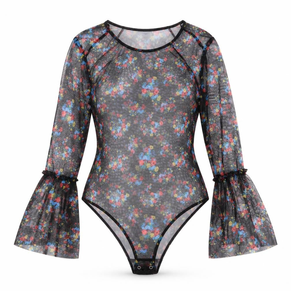 QED London Womens Black Floral Polyester Bodysuit One-Piece Size M Snap