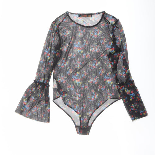 QED London Womens Black Floral Polyester Bodysuit One-Piece Size M Snap