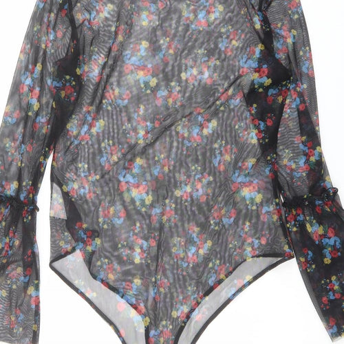 QED London Womens Black Floral Polyester Bodysuit One-Piece Size M Snap