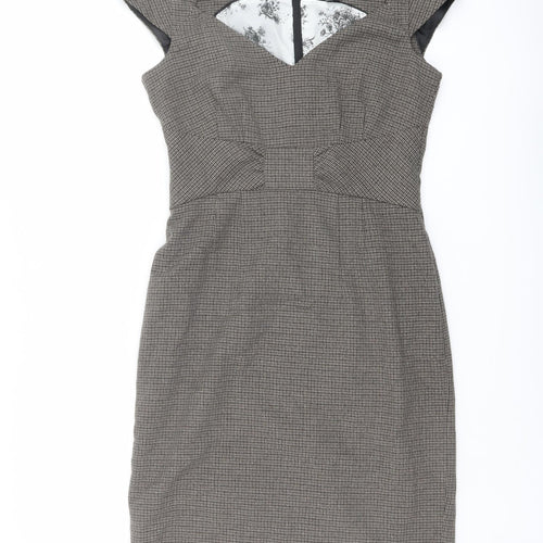 H&M Womens Brown Geometric Polyester Shift Size 10 V-Neck Zip