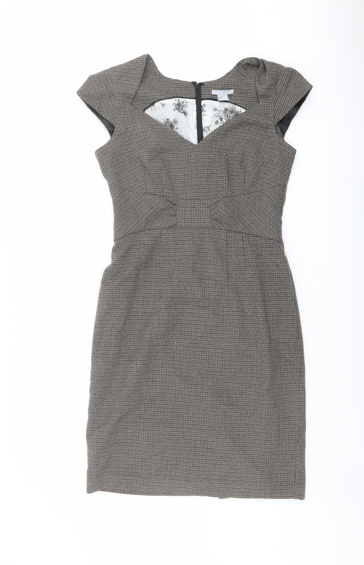 H&M Womens Brown Geometric Polyester Shift Size 10 V-Neck Zip