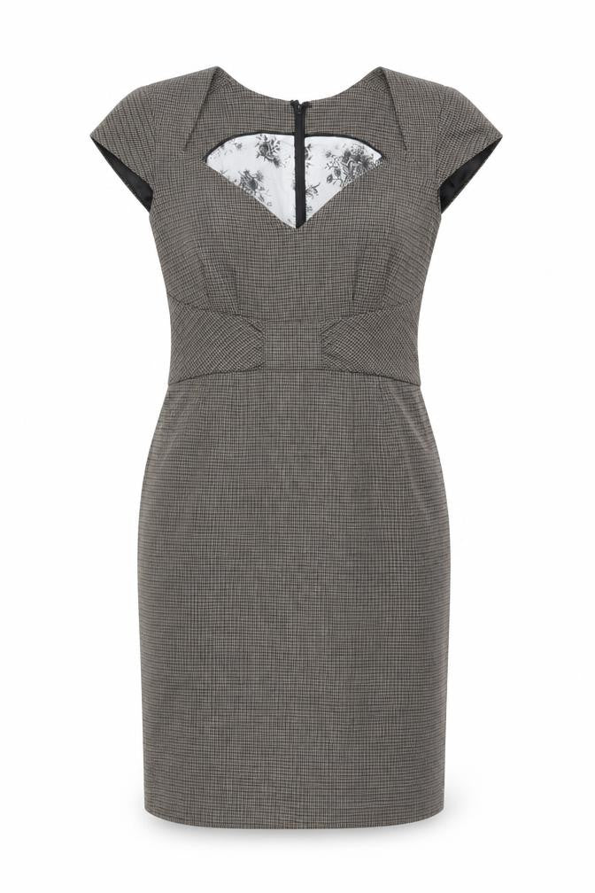 Front view of H&M women’s brown geometric polyester shift, size UK 10, v-neck zip
