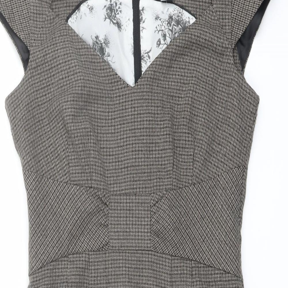 H&M Womens Brown Geometric Polyester Shift Size 10 V-Neck Zip