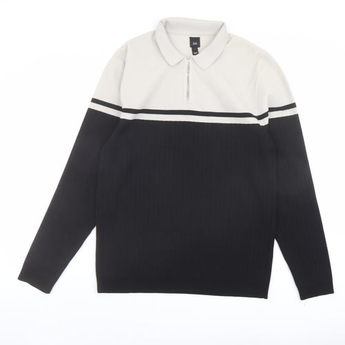 River Island Mens Black Collared Polyester Henley Jumper Size L Long Sleeve - Colourblock