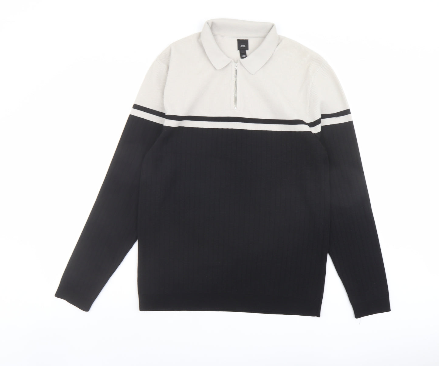 River Island Mens Black Collared Polyester Henley Jumper Size L Long Sleeve - Colourblock