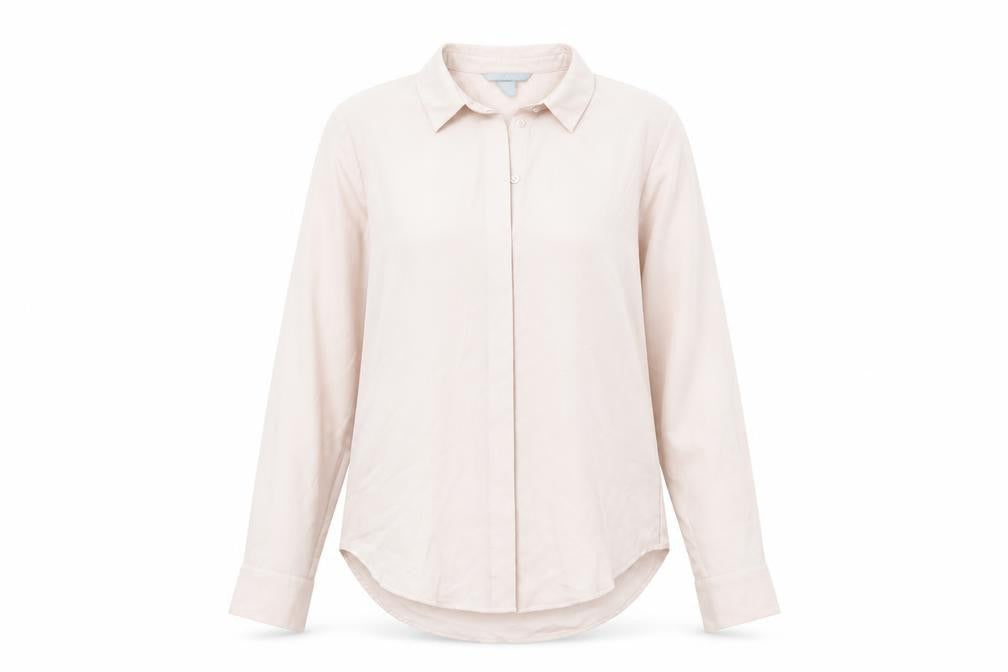 Front view of H&M women’s pink polyester basic button-up, size UK 6, collared