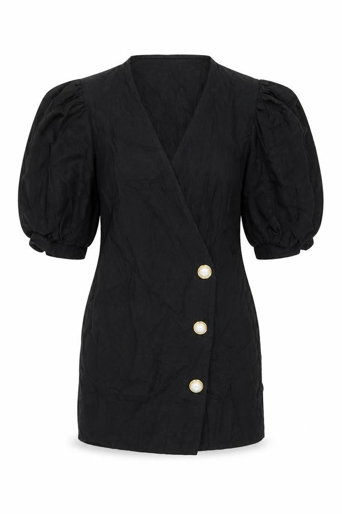 Front view of ASOS women’s black polyester jacket dress, size UK 6, v-neck button