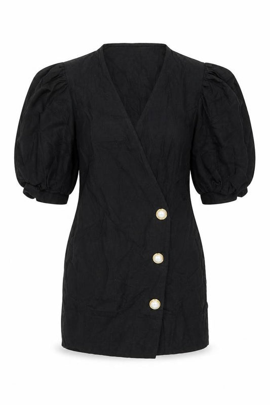 Front view of ASOS women’s black polyester jacket dress, size UK 6, v-neck button
