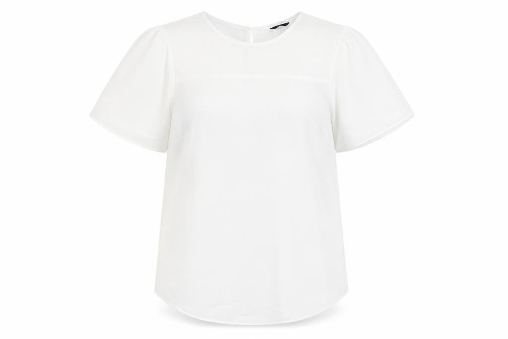 Front view of M&Co women’s white polyester basic t-shirt, size UK 10, round neck