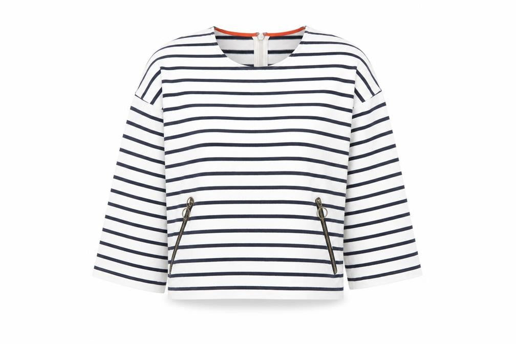Front view of Warehouse women’s blue striped cotton basic t-shirt, size UK 10, round neck