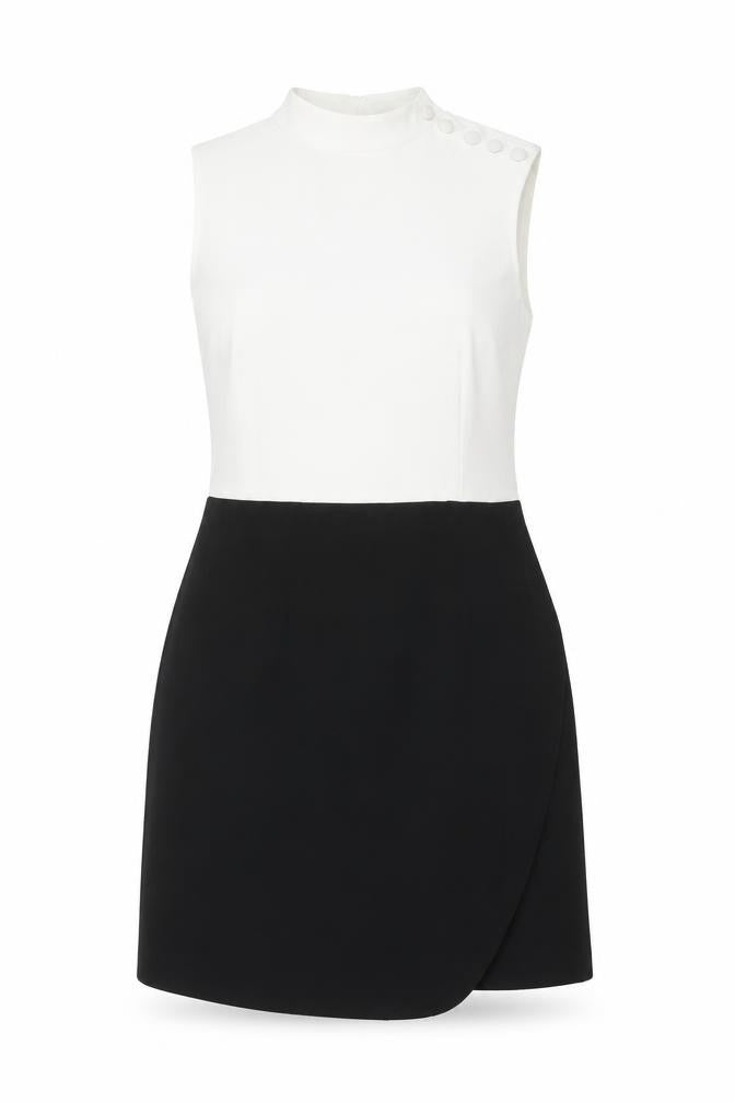 Front view of H&M women’s black colourblock polyester a-line, size UK 10, round neck zip