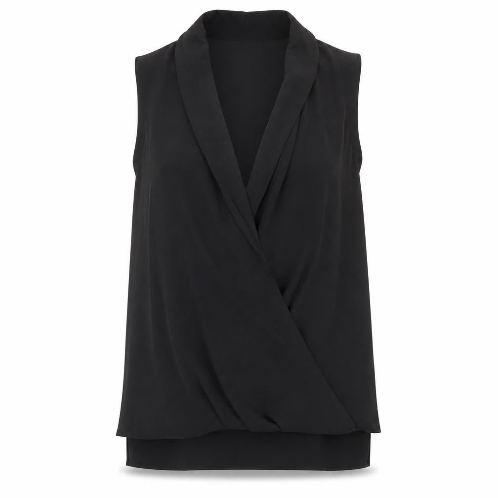 Front view of Topshop women’s black polyester basic blouse, size UK 10, v-neck - wrap front detail