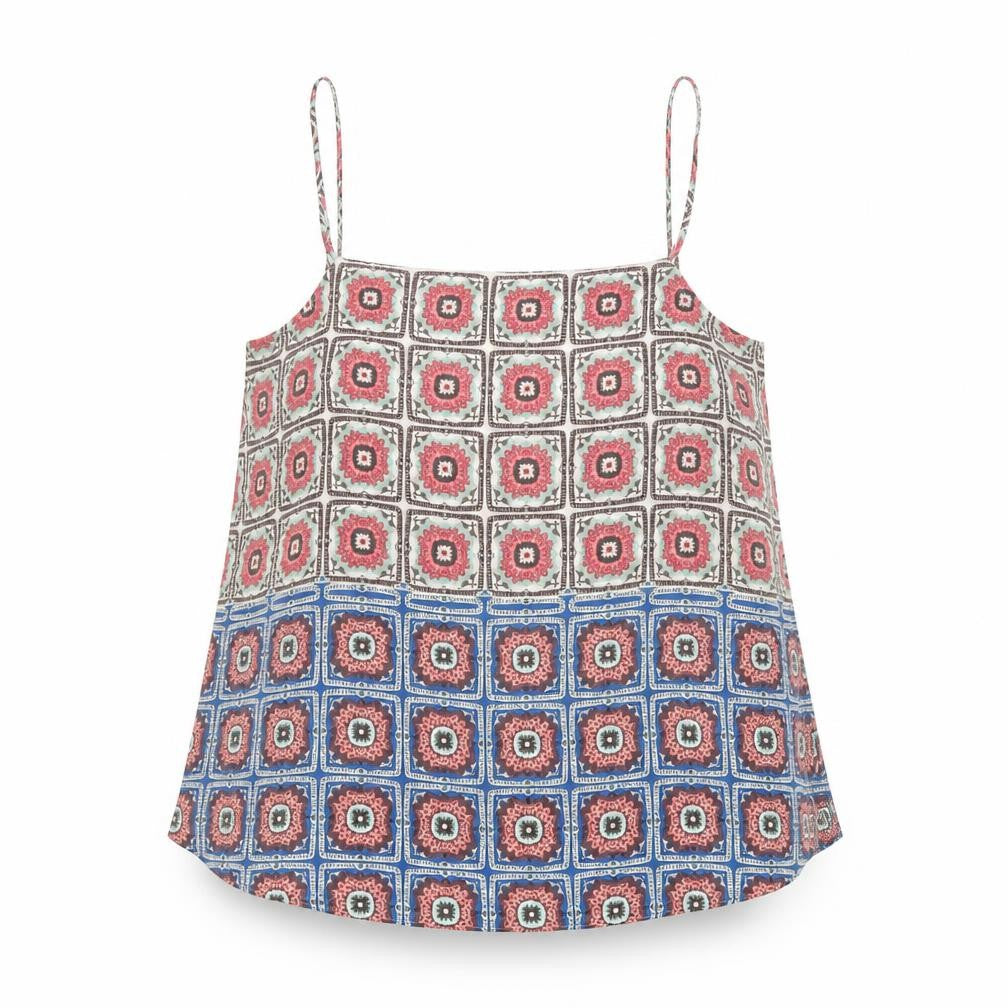 Front view of Topshop women’s multicoloured geometric polyester camisole tank, size UK 10, square neck