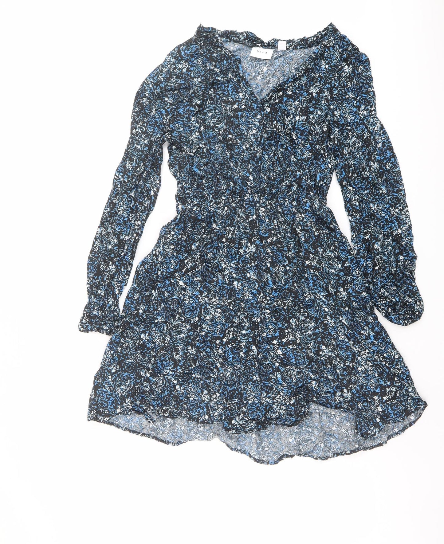 VILA Womens Blue Paisley Viscose Fit & Flare Size 8 V-Neck Pullover