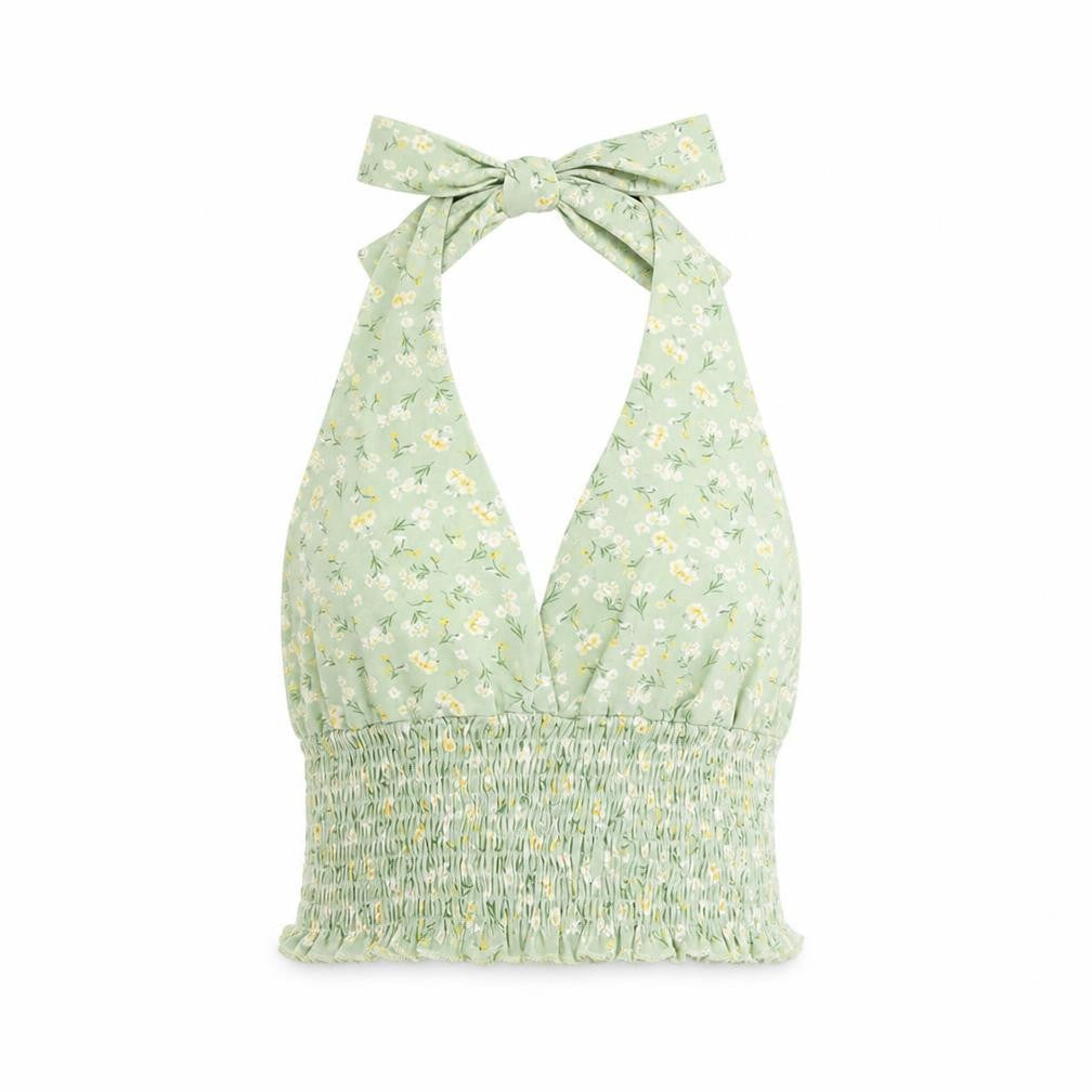 Front view of ROMWE women’s green floral polyester cropped tank, size M, halter