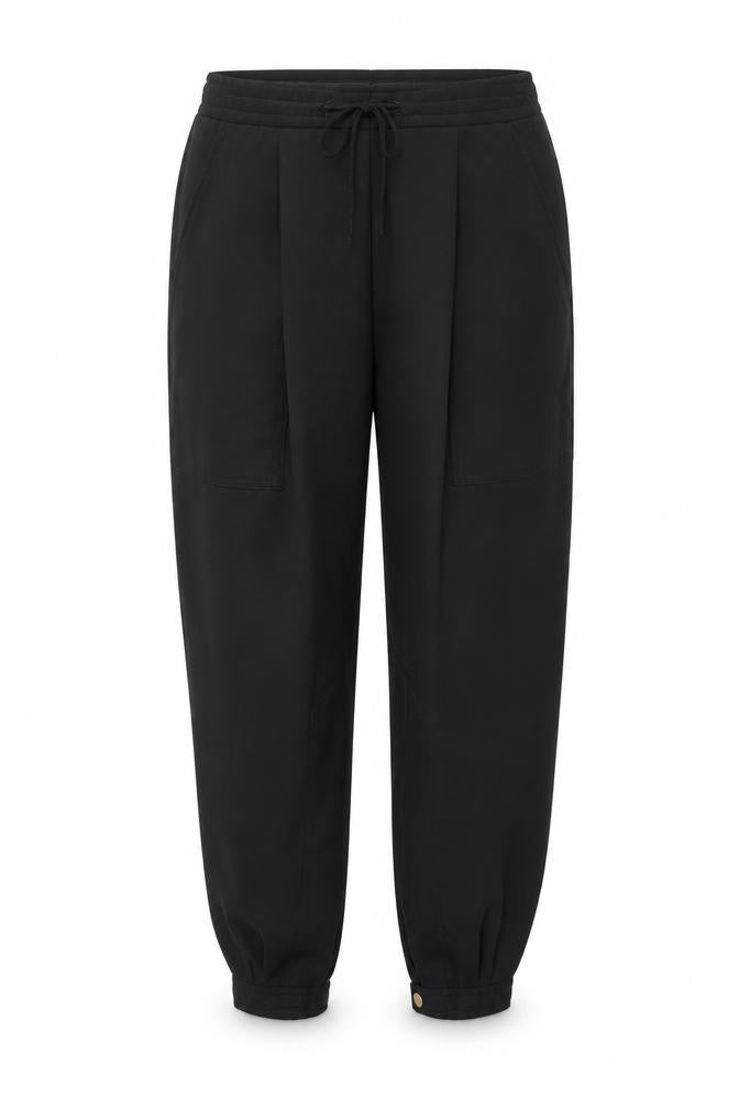Front view of ASOS women’s black polyester trousers, size UK 10, 25-inch leg regular drawstring