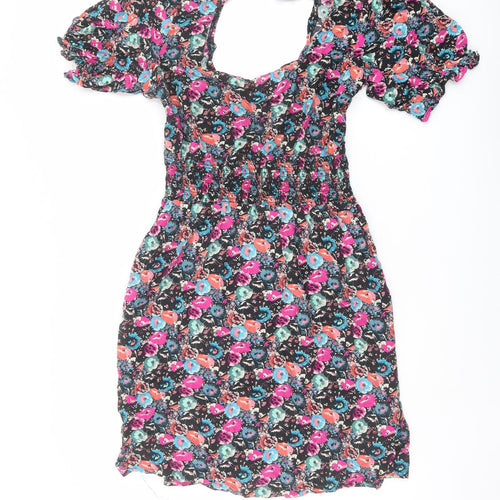 NEXT Womens Multicoloured Floral Viscose A-Line Size 14 Square Neck Pullover - Shirred Waist