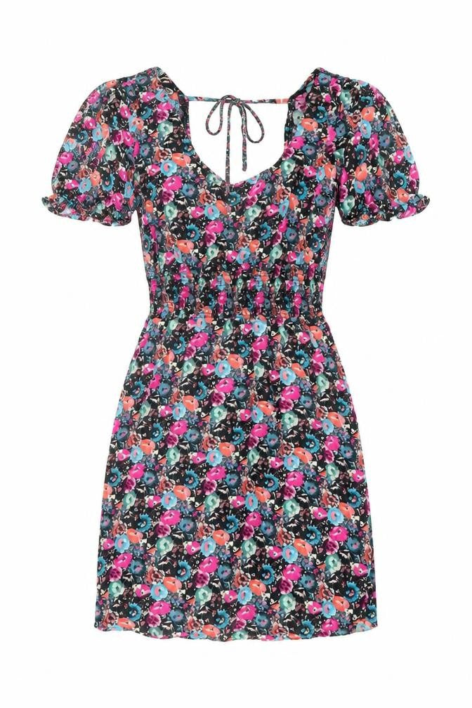 Front view of Next women’s multicoloured floral viscose a-line, size UK 14, square neck pullover - shirred waist