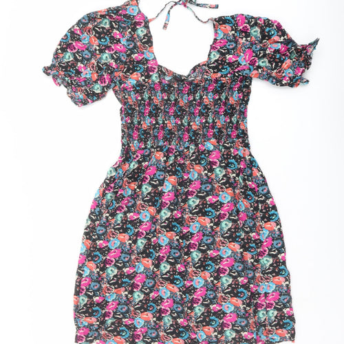 NEXT Womens Multicoloured Floral Viscose A-Line Size 14 Square Neck Pullover - Shirred Waist