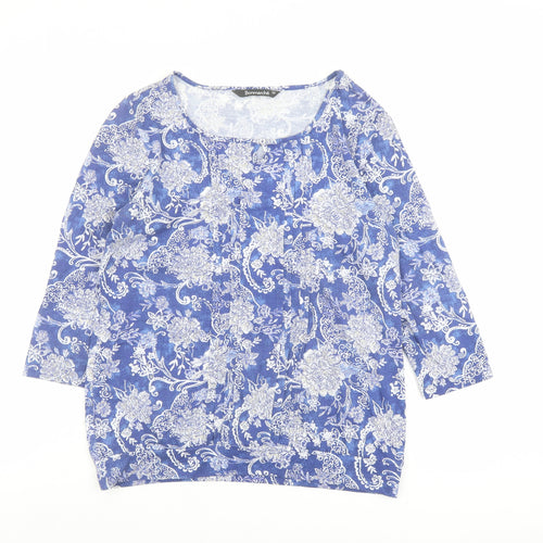 Bonmarché Womens Blue Floral Polyester Basic T-Shirt Size 10 Round Neck