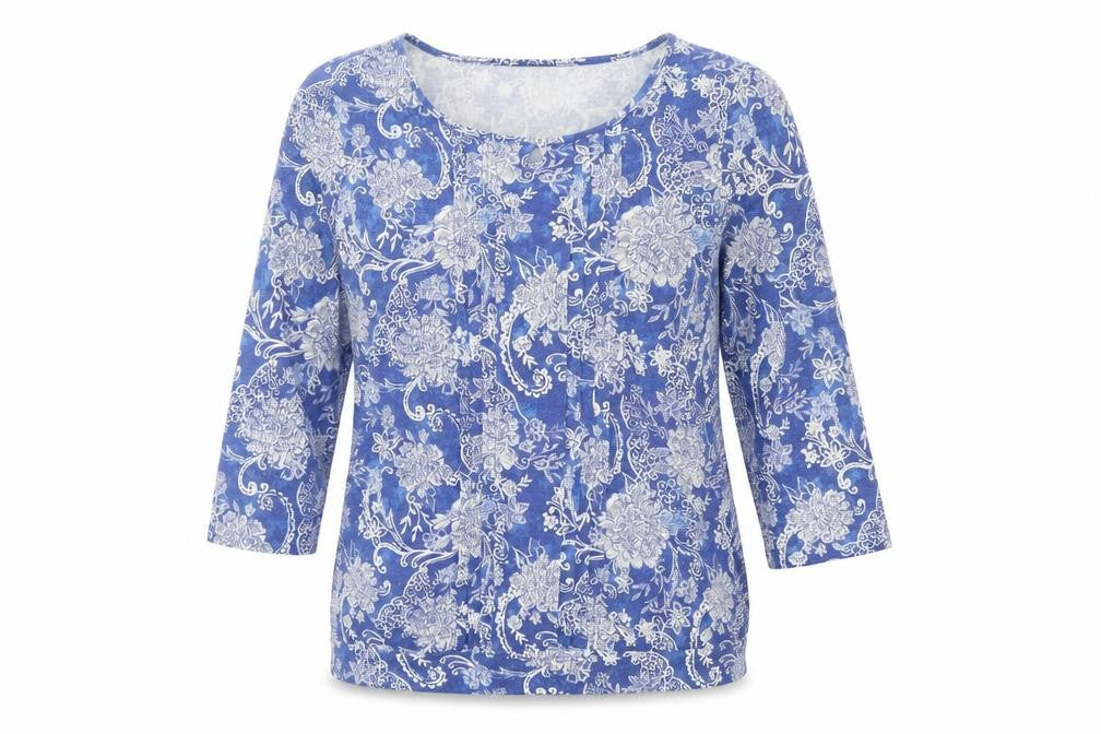 Front view of Bonmarché women’s blue floral polyester basic t-shirt, size UK 10, round neck