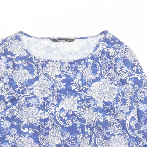 Bonmarché Womens Blue Floral Polyester Basic T-Shirt Size 10 Round Neck