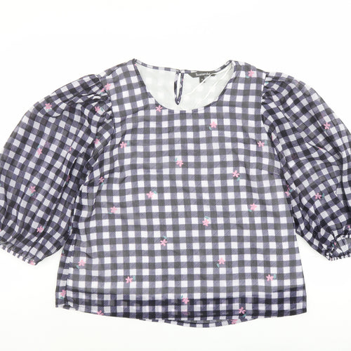 Bonmarché Womens Beige Check Polyester Basic Blouse Size 14 Round Neck - Flower Detail