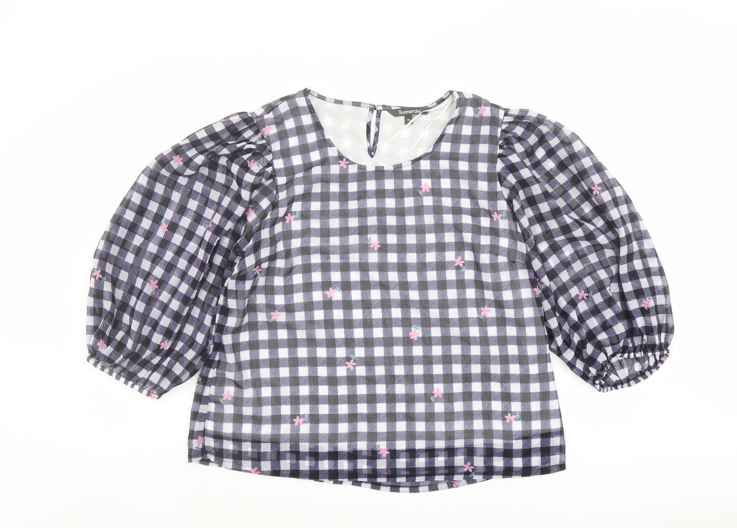 Bonmarché Womens Beige Check Polyester Basic Blouse Size 14 Round Neck - Flower Detail