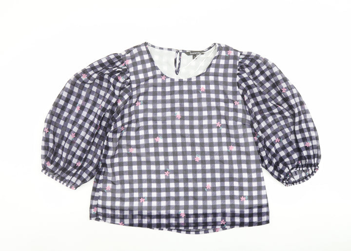 Bonmarché Womens Beige Check Polyester Basic Blouse Size 14 Round Neck - Flower Detail
