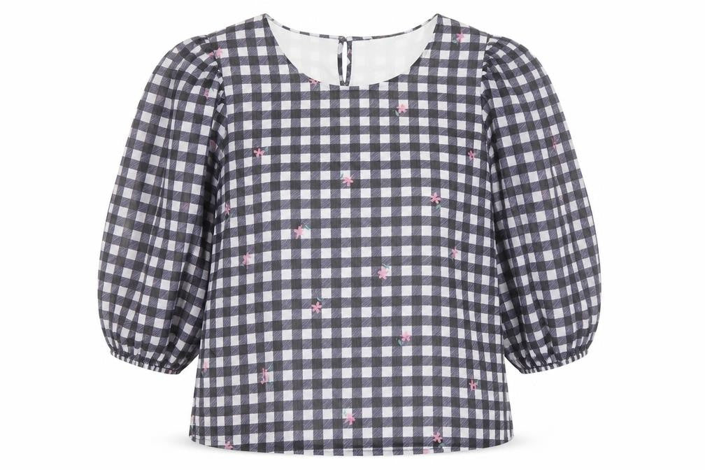 Front view of Bonmarché women’s beige check polyester basic blouse, size UK 14, round neck - flower detail