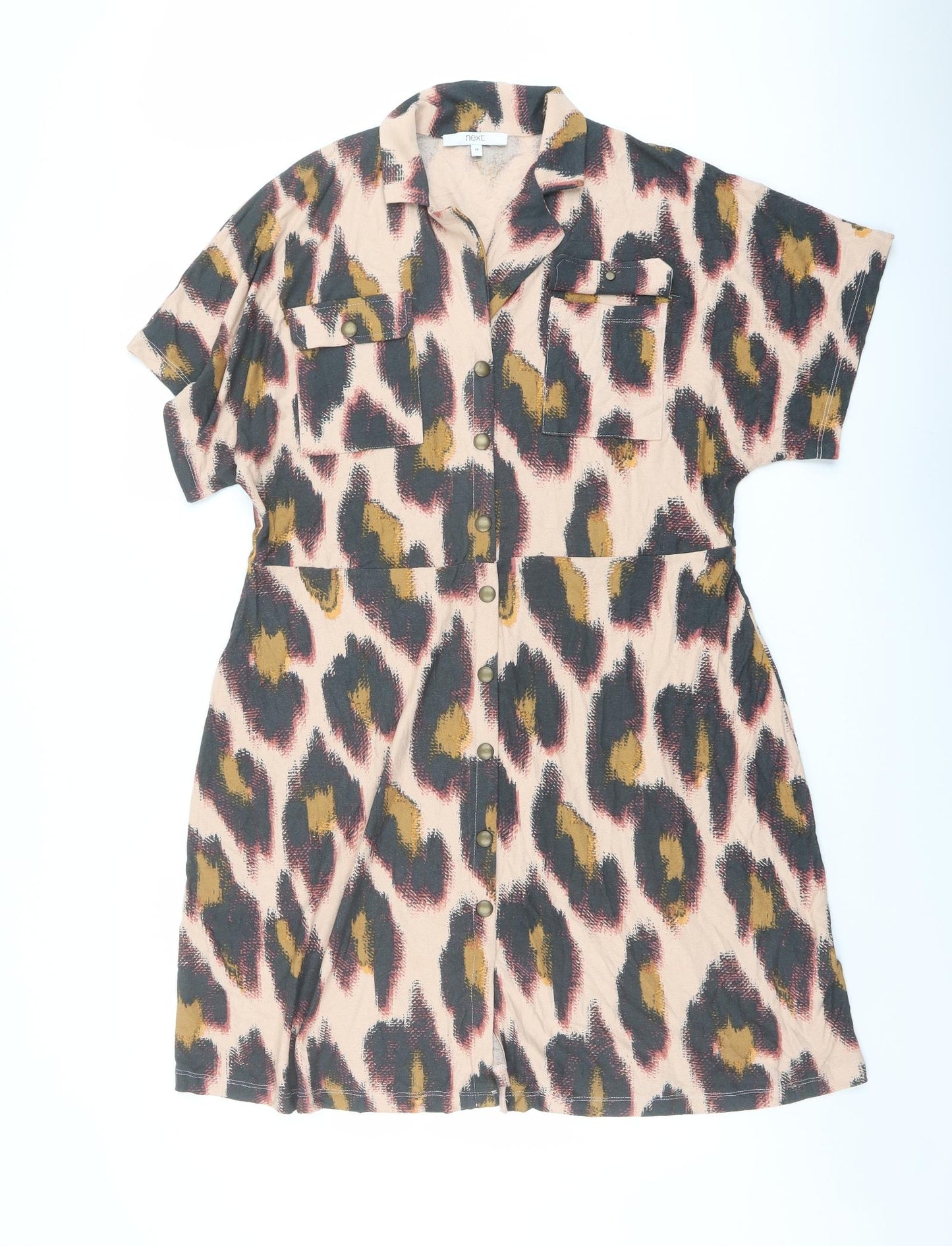 NEXT Womens Multicoloured Animal Print Viscose Shirt Dress Size 16 Collared Snap