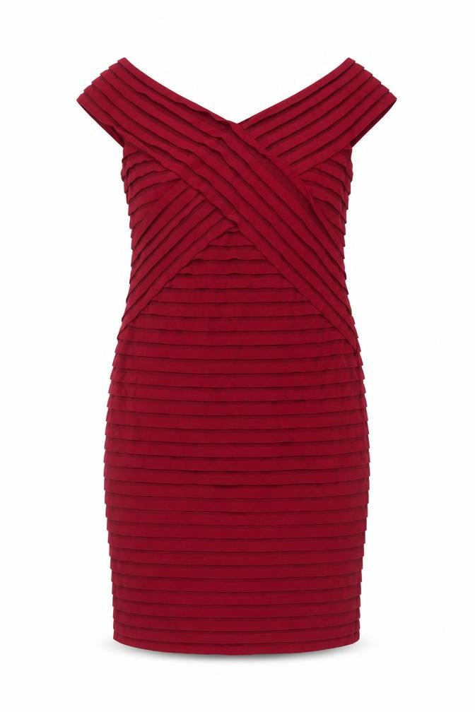 Front view of Per Una women’s pink polyester pencil dress, size UK 14, v-neck pullover - textured