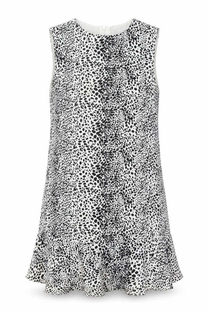 Front view of Oasis women’s black geometric polyester a-line, size UK 8, round neck zip