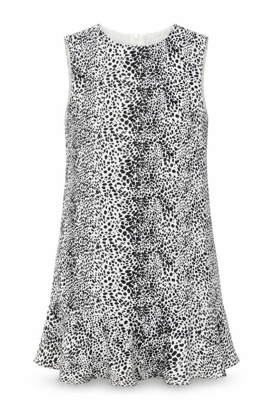Front view of Oasis women’s black geometric polyester a-line, size UK 8, round neck zip