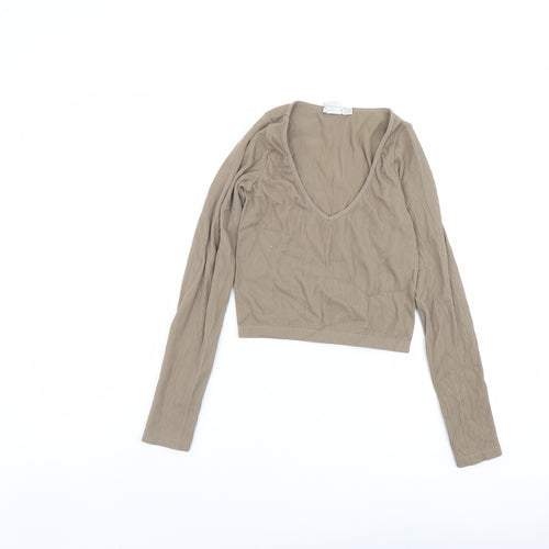 Stradivarius Womens Beige Nylon Cropped T-Shirt Size XS V-Neck