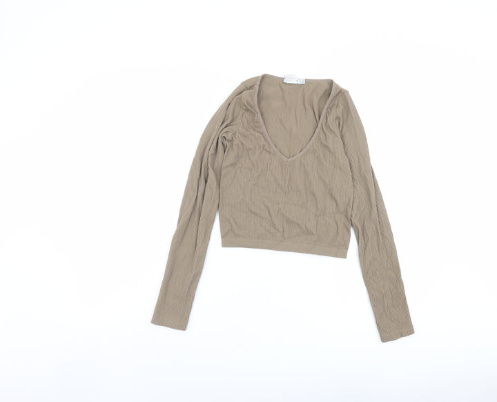 Stradivarius Womens Beige Nylon Cropped T-Shirt Size XS V-Neck