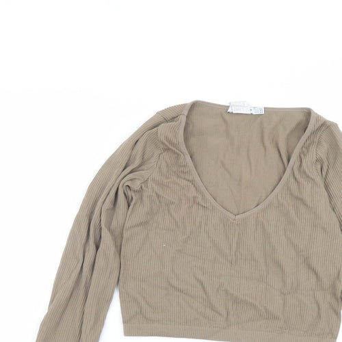 Stradivarius Womens Beige Nylon Cropped T-Shirt Size XS V-Neck