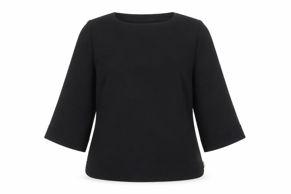 Front view of Warehouse women’s black polyester basic blouse, size UK 8, round neck