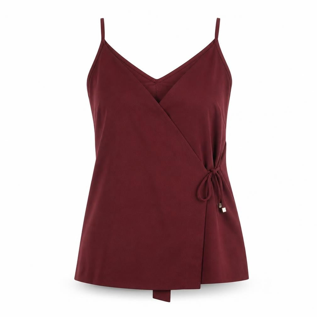 Front view of Miss Selfridge women’s red polyester wrap tank, size UK 10, v-neck